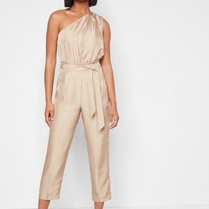 Draped one shoulder belted jumpsuit